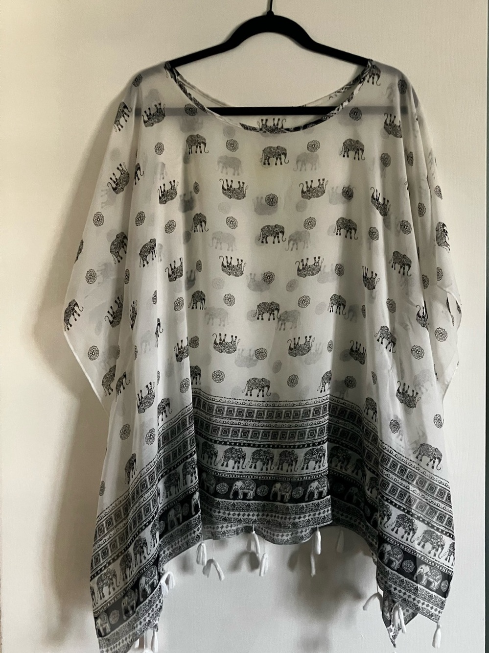 2 Chic Elephant Print Sheer Poncho Tunic Top Tassel Hem One Size Boho Festival